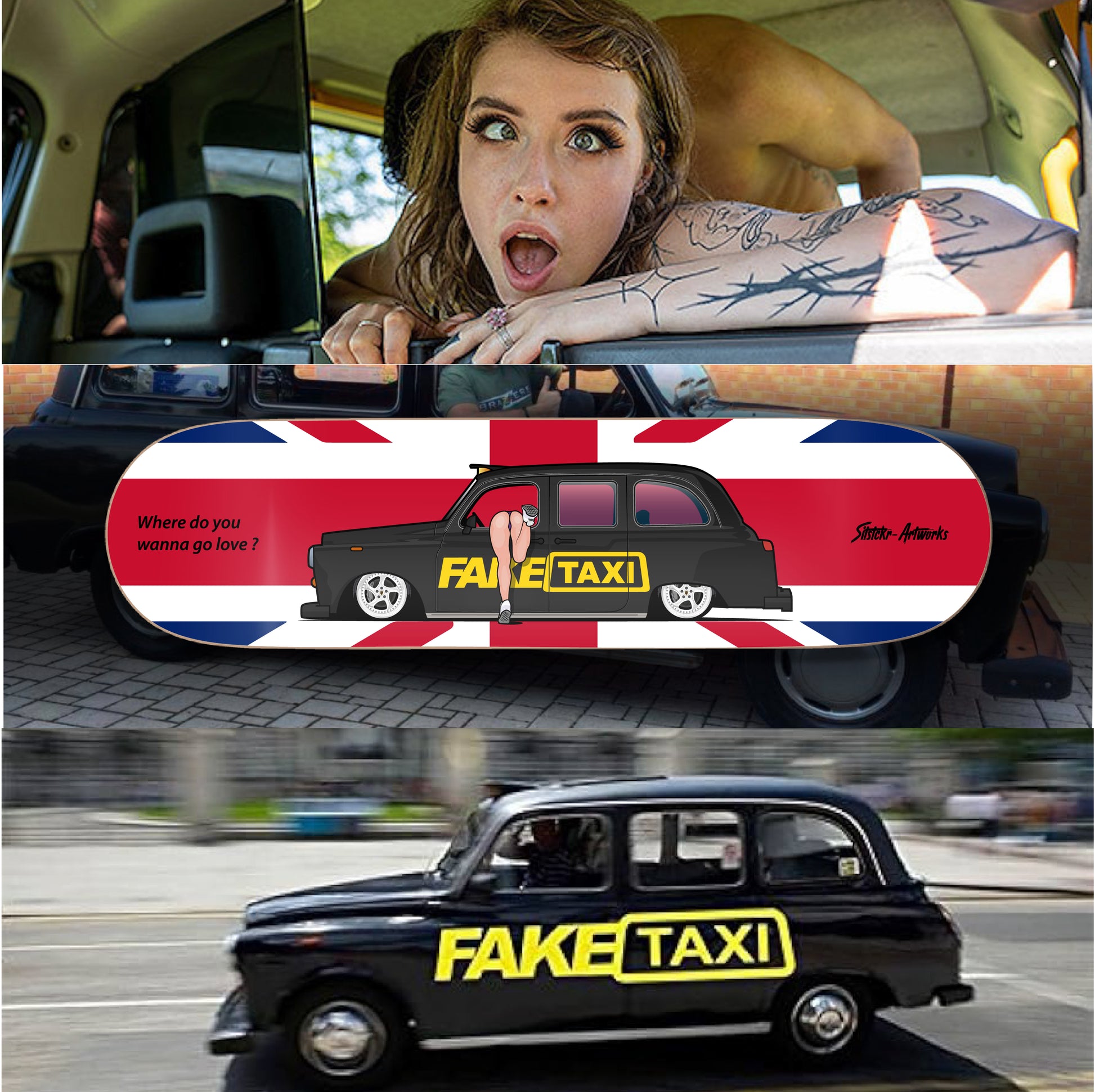 Austin FX4 Fake Taxi / Skateboard Deck Street Art Wanddeko