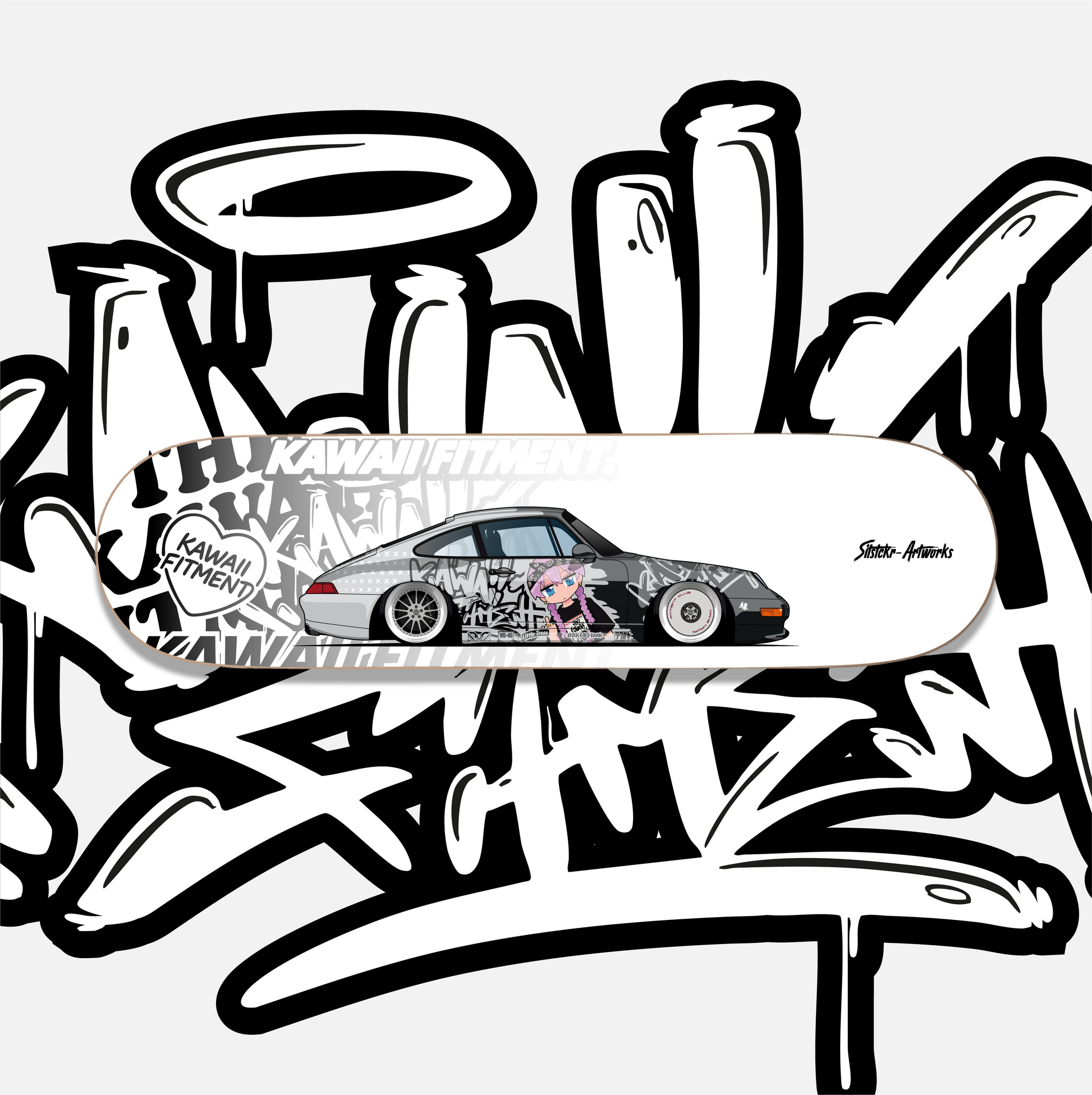 Porsche 993 Carrera Kawaii / Skateboard Street Art Wanddeko