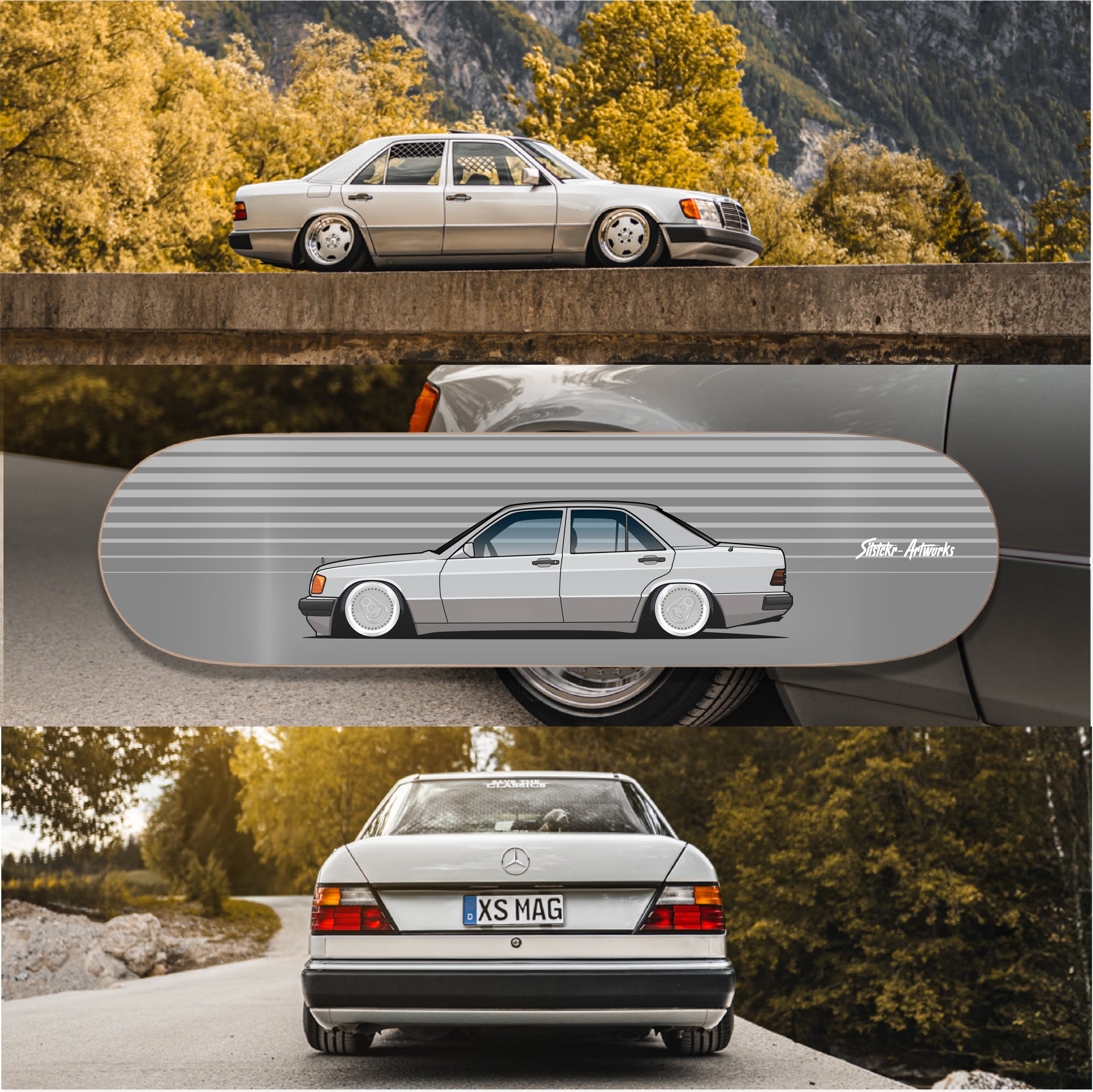 Mercedes Benz w124 Der Benz, der nie alt wird! / Skateboard Deck Street Art Wanddeko
