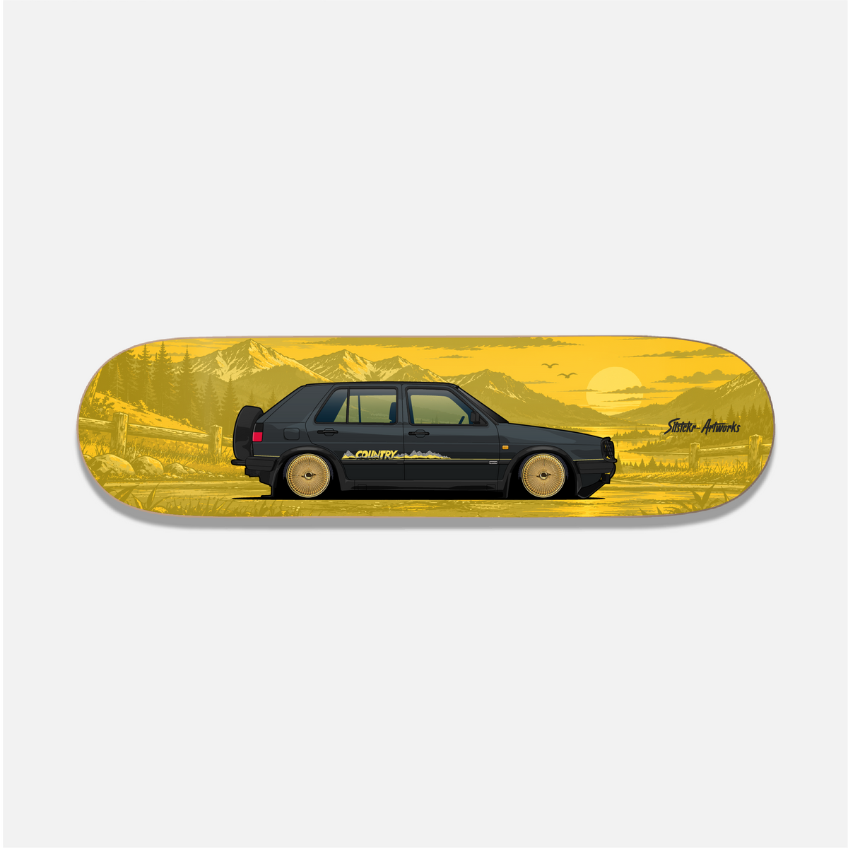 VW Golf Country – Tiefgang trifft Höhenluft / Skateboard Street Art Wanddeko